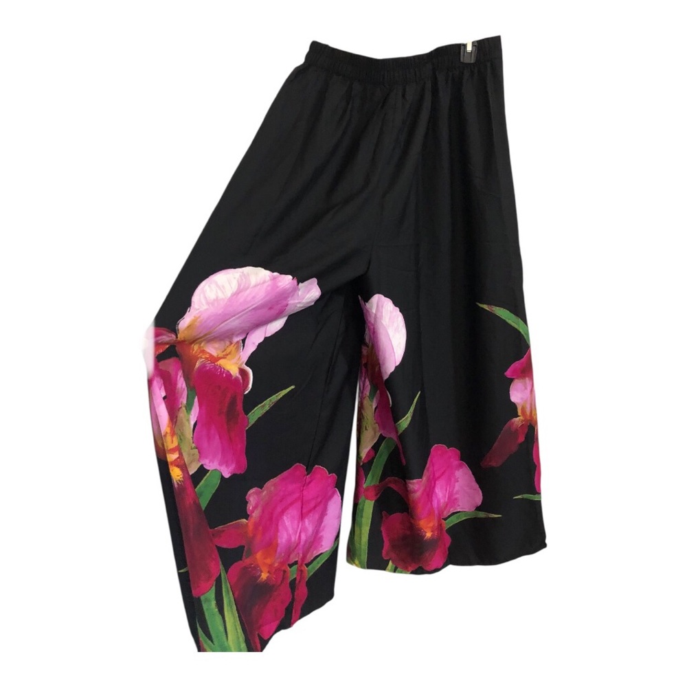 Black pink hibiscus floral tropical print hem wide leg flowy pants size XL new - Picture 8 of 17